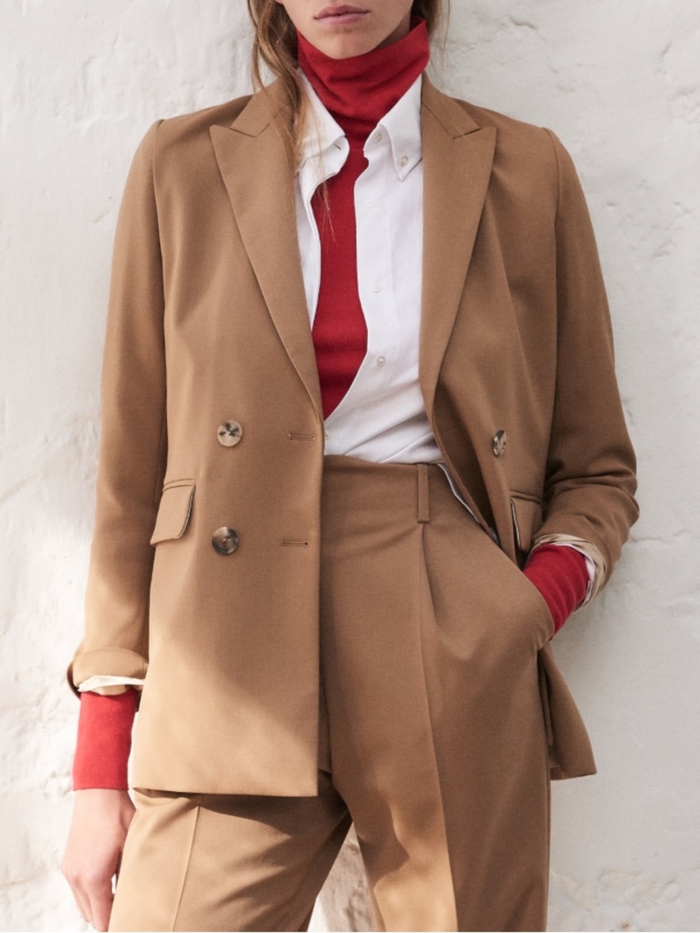 Sandro Tailored Double-Breasted Camel Brown Blazer